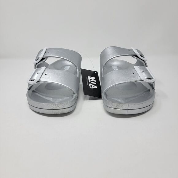 MIA Toulon Sandals Women’s 7 Slip On Two Buckle Comfort Shoe Silver - Picture 3 of 12